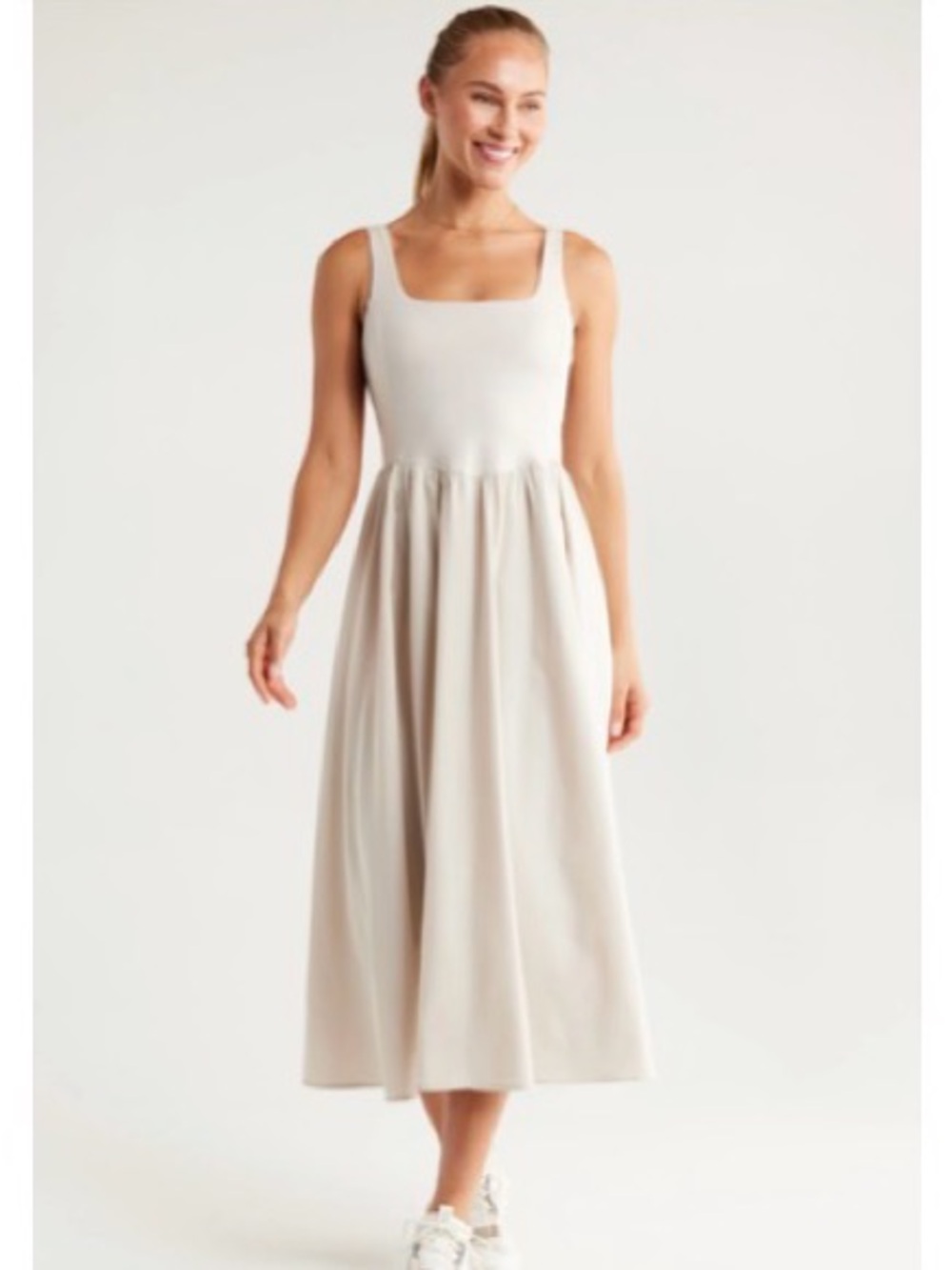 Zella Effortless Square-Neck Midi Dress in Light Beige